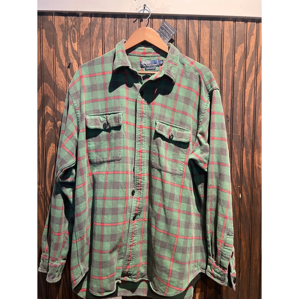Polo Ralph Lauren Mens XL Green Plaid Flannel Button Up Shirt Long Sleeve Cotton